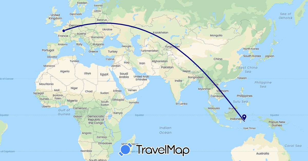 TravelMap itinerary: driving in France, Indonesia (Asia, Europe)